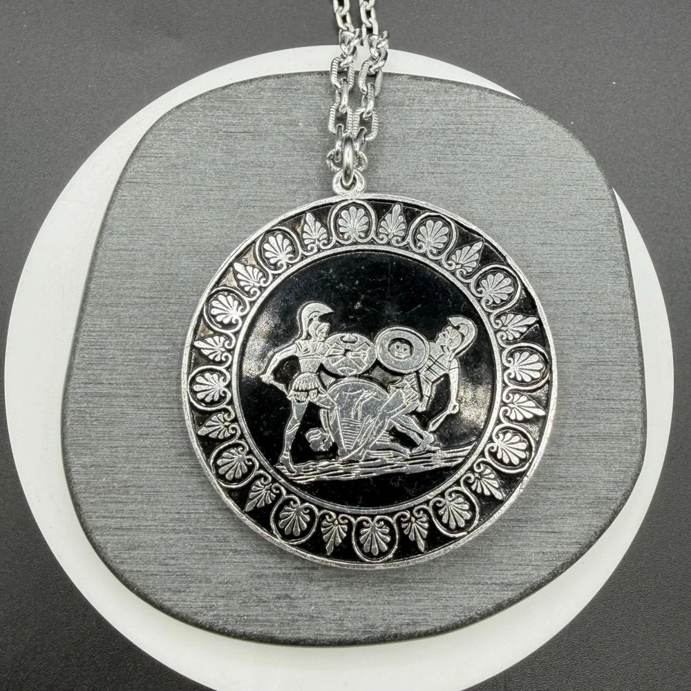 Greek Revival Parthenon Medallion Necklace Silver Tone Black Enamel Statement